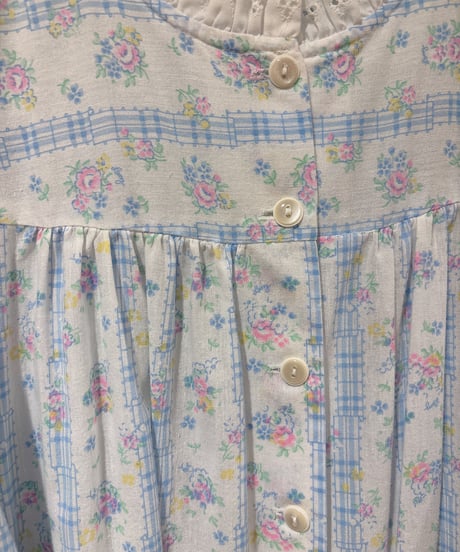 80s vintage flower&gingham check ribbon pattern dress