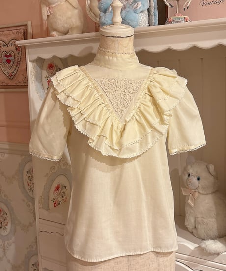 70s vintage lace× satin ribbon ruffle collar blouse