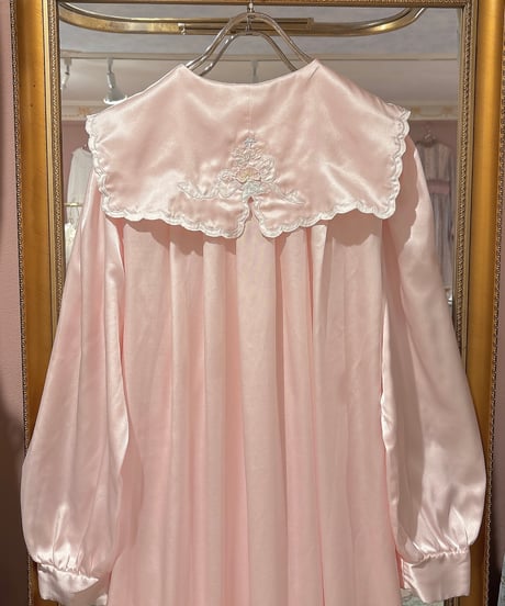 80s vintage flower embroidered sailor collar satin dress