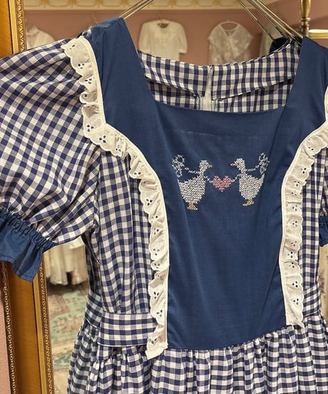 70s vintage duck embroidered gingham check dress