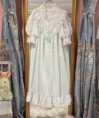 80s vintage ruffle collar blue flower pattern dress