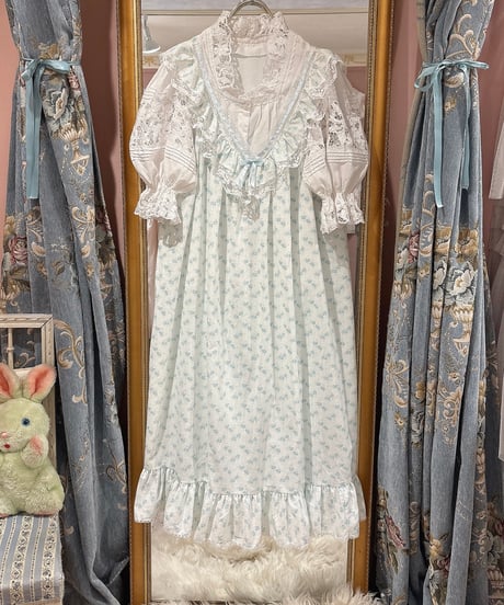 80s vintage ruffle collar blue flower pattern dress