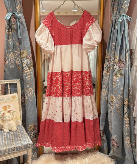 70s vintage dot×flower pattern patchwork dress