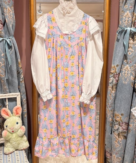 80s vintage flower&ribbon pattern no sleeve dress