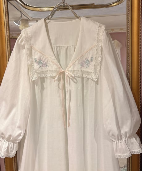 70s vintage flower embroidered sailor collar gown dress