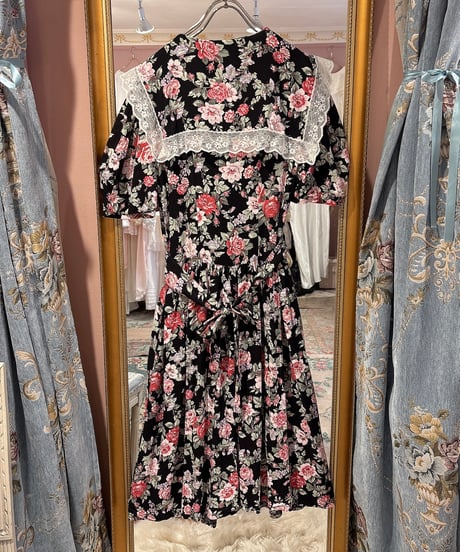 80s vintage sailor collar flower pattern dress