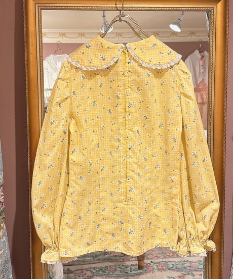 70s vintage flower&gingham check blouse