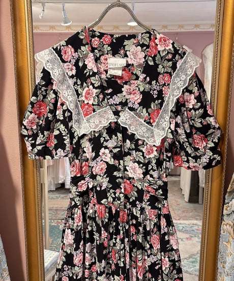 80s vintage sailor collar flower pattern dress