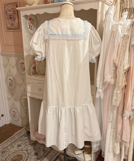 70s vintage satin ribbon sailor collar white dress