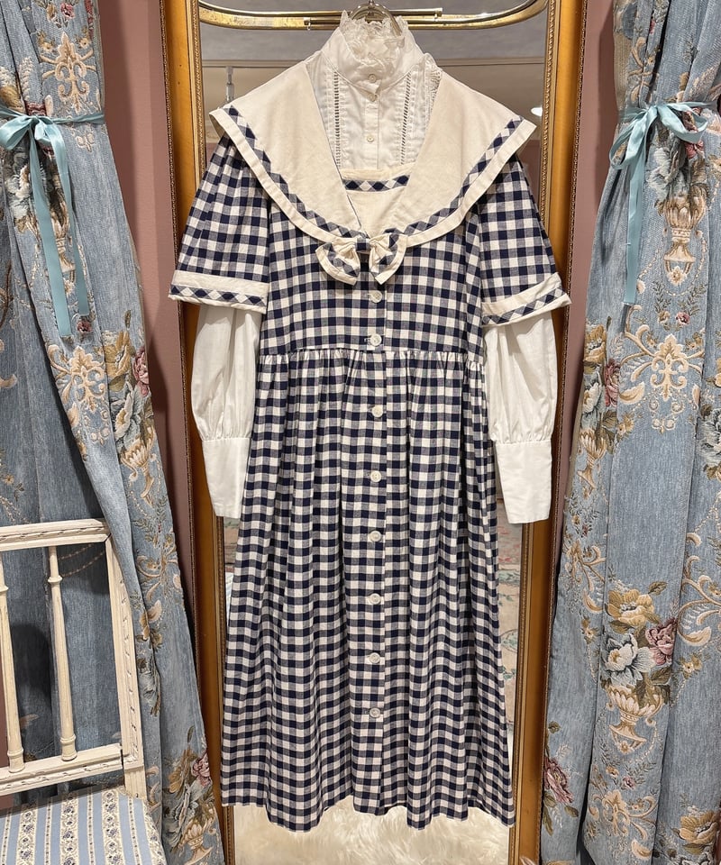 70s vintage gingham check sailor collar dress |