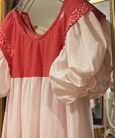 70s vintage dot×flower pattern patchwork dress