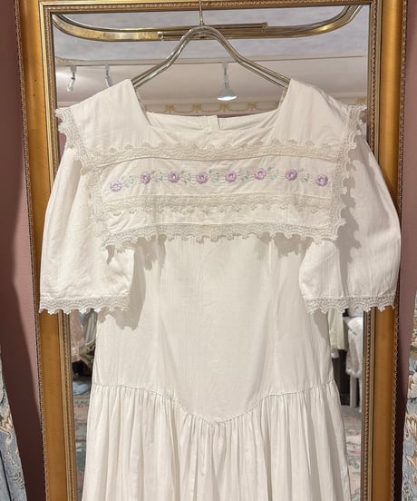 70s vintage flower embroidered sailor collar dress