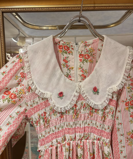 70s vintage lace collar flower pattern dress
