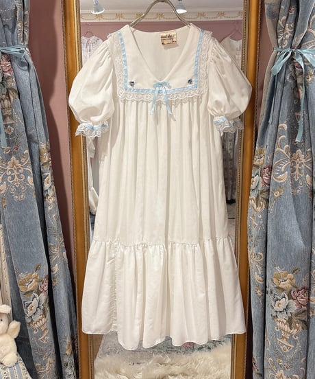 70s vintage satin ribbon sailor collar white dress