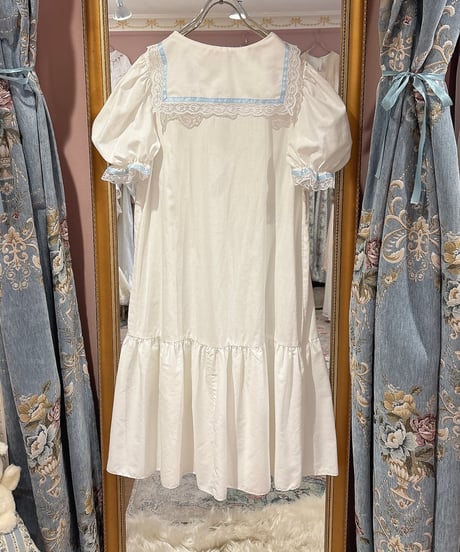70s vintage satin ribbon sailor collar white dress