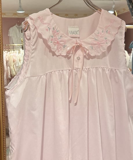 80s vintage ribbon&flower embroidered collar dress