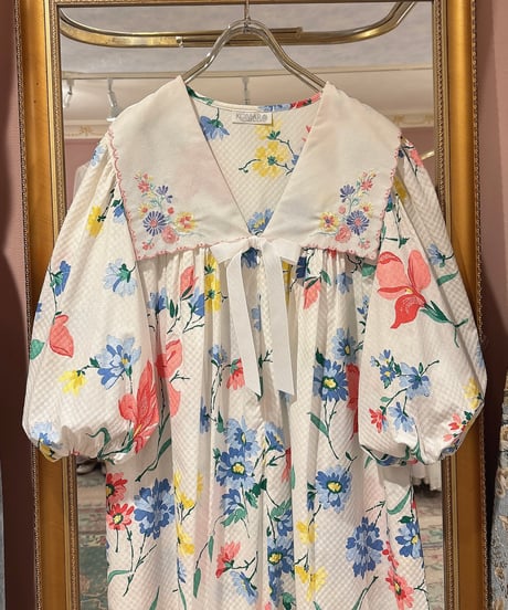 80s vintage flower pattern sailor collar dress