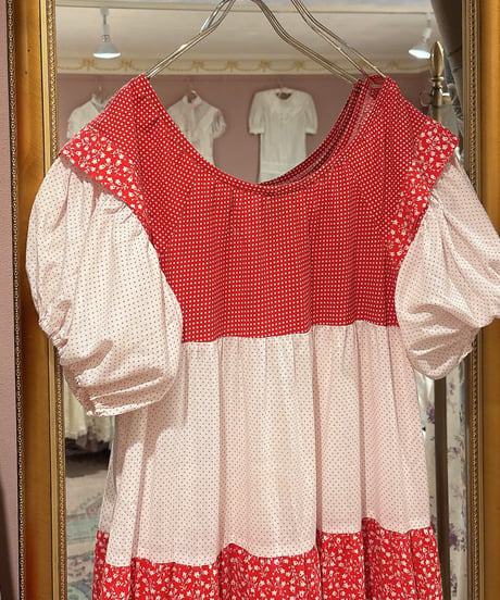 70s vintage dot×flower pattern patchwork dress