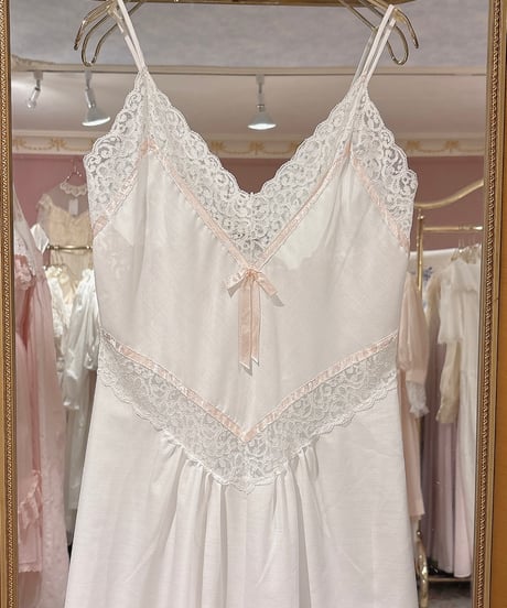 70s vintage pink satin ribbon white camisole dress