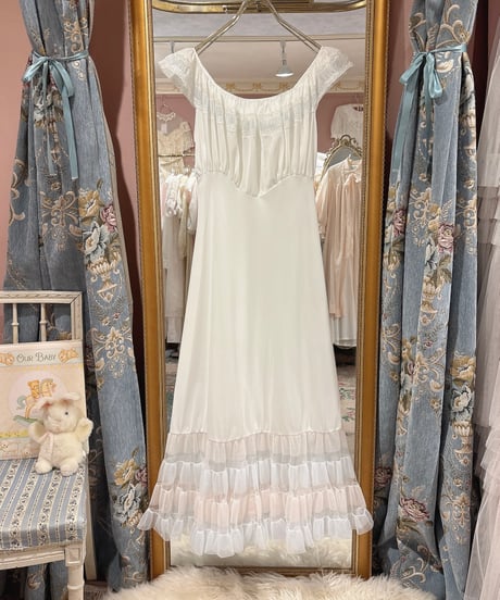 60s vintage pink×light blue frill tiered no sleeve dress