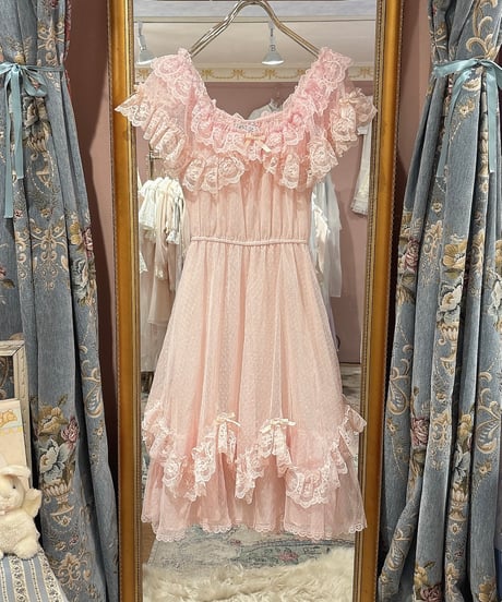 70s vintage pink tulle lace dress