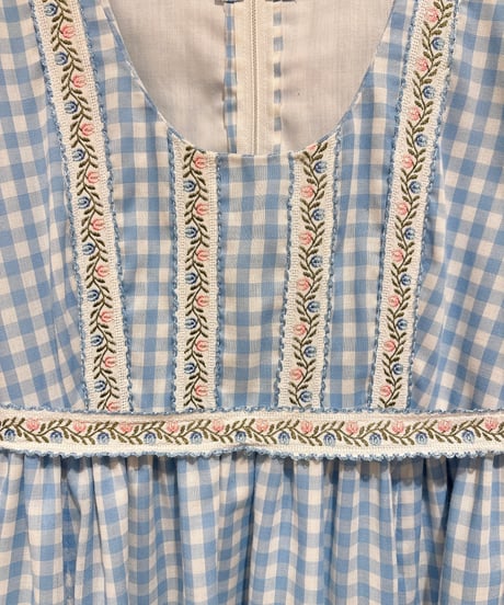70s vintage gingham check flower embroidered ribbon dress