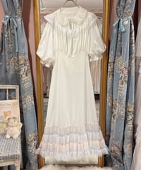 60s vintage pink×light blue frill tiered no sleeve dress