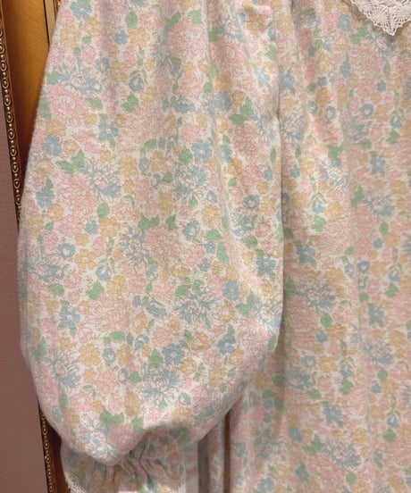 80s vintage pastel flower pattern flannel cotton dress