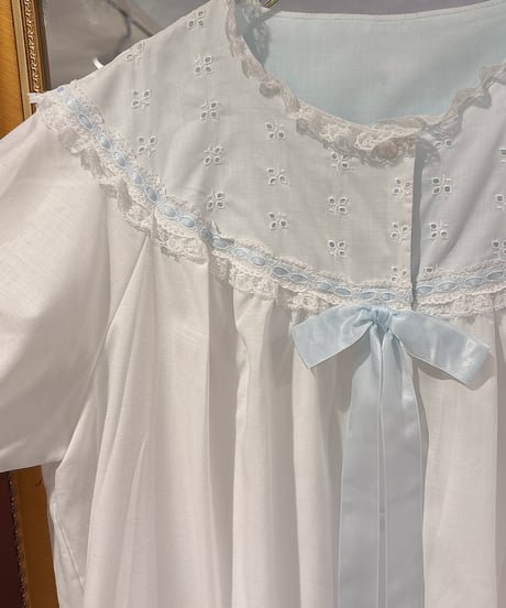 70s vintage white×light blue eyelet lace dress