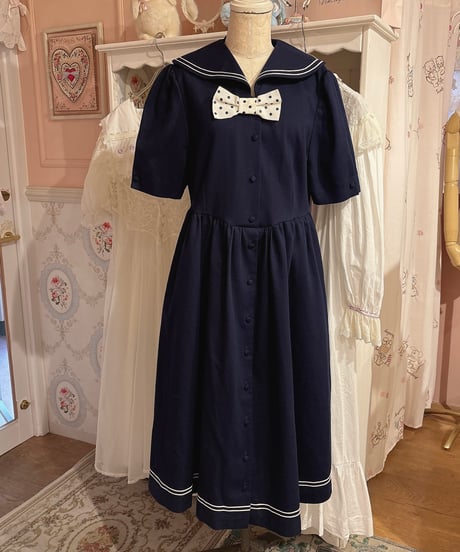 80s vintage dot ribbon sailor collar dress
