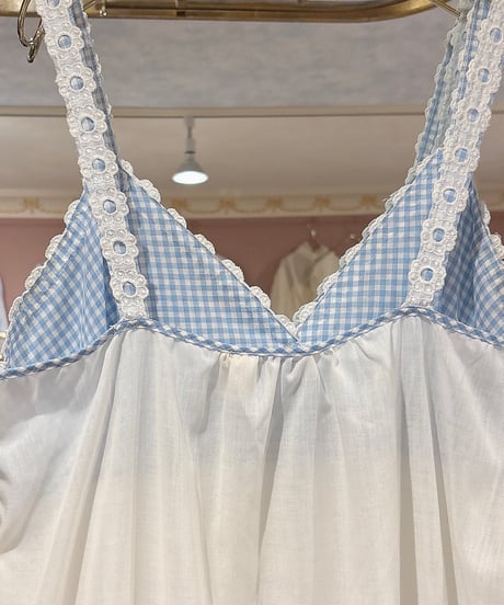 70s vintage gingham check×lace camisole dress