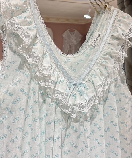 80s vintage ruffle collar blue flower pattern dress