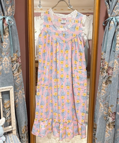 80s vintage flower&ribbon pattern no sleeve dress
