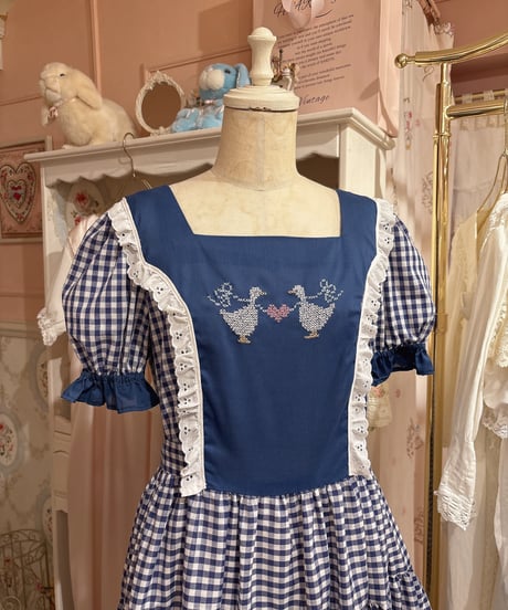 70s vintage duck embroidered gingham check dress