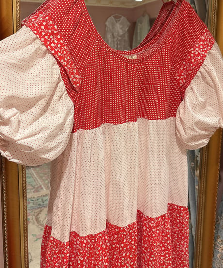 70s vintage dot×flower pattern patchwork dress