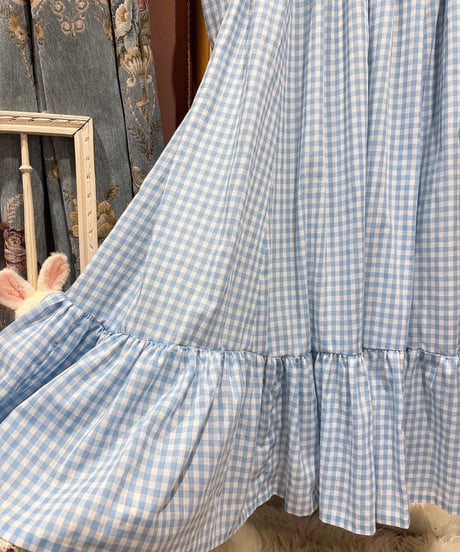 70s vintage gingham check flower embroidered ribbon dress