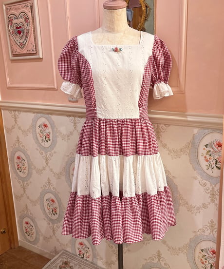 70s vintage  gingham check&lace dress