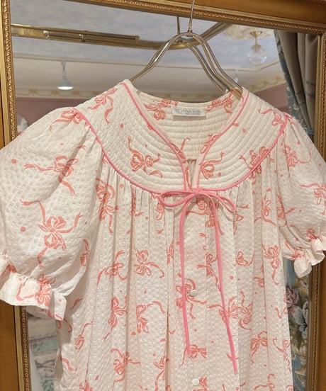 80s vintage ribbon&dot pattern dress