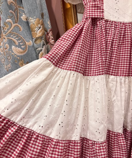 70s vintage  gingham check&lace dress