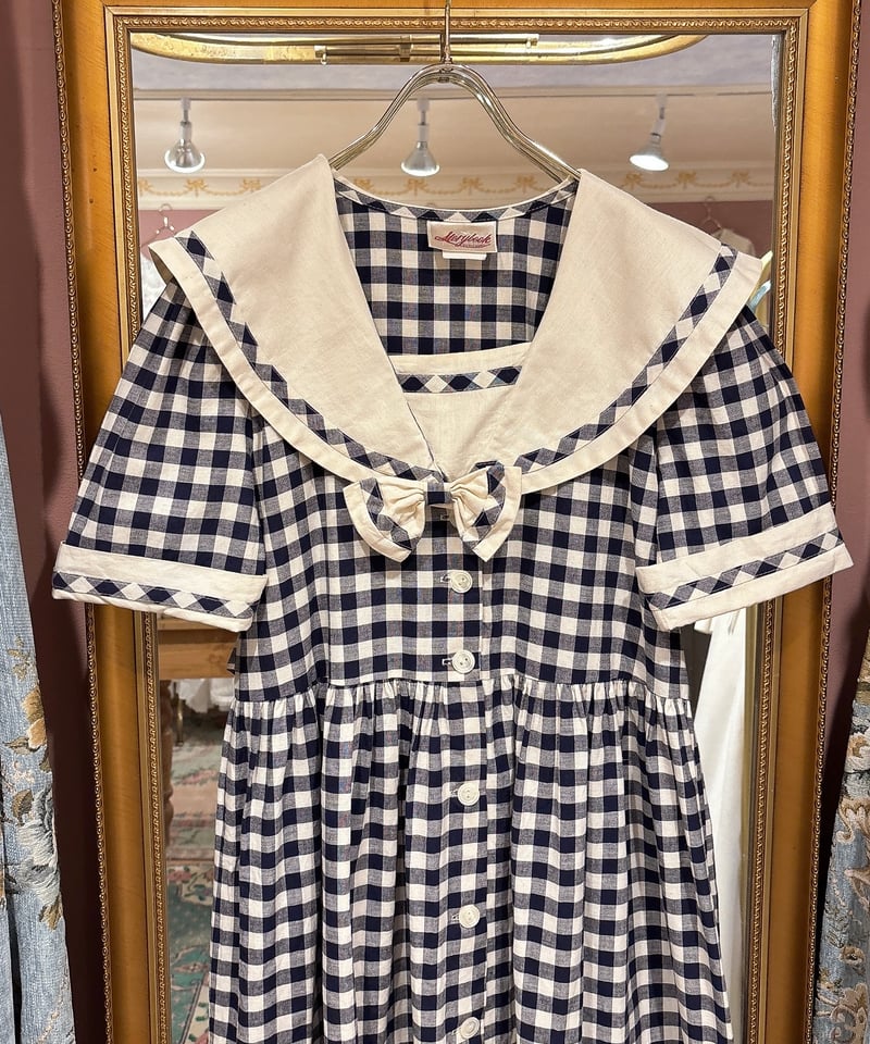 70s vintage gingham check sailor collar dress |