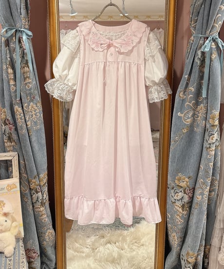 80s vintage ribbon&flower embroidered collar dress