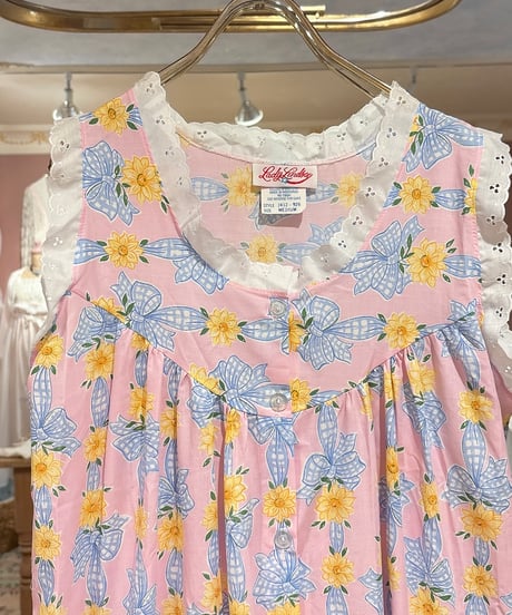 80s vintage flower&ribbon pattern no sleeve dress