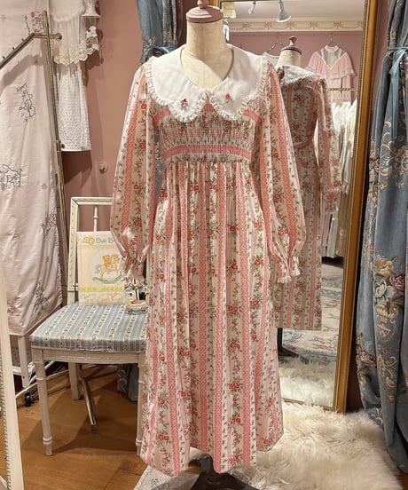 70s vintage lace collar flower pattern dress