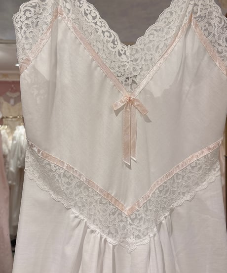 70s vintage pink satin ribbon white camisole dress