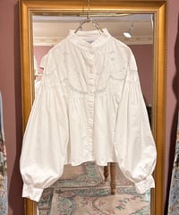 80s vintage flower embroidered gather cotton blouse