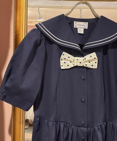 80s vintage dot ribbon sailor collar dress