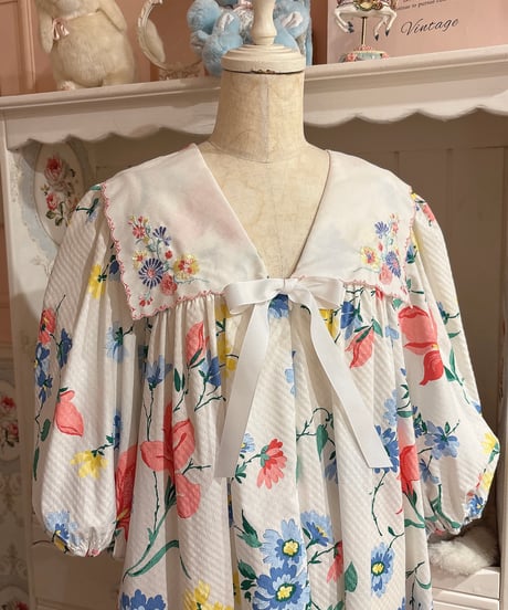 80s vintage flower pattern sailor collar dress