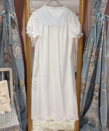 70s vintage white×light blue eyelet lace dress