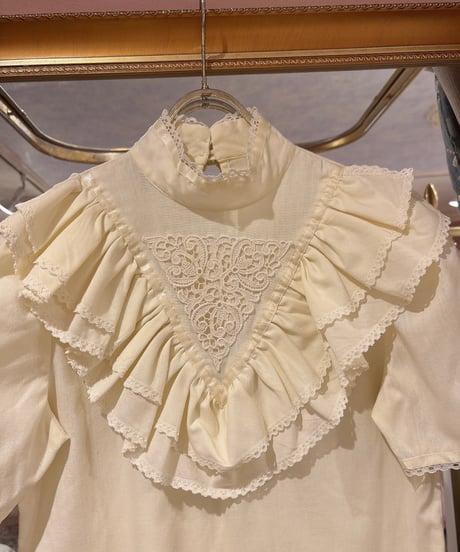 70s vintage lace× satin ribbon ruffle collar blouse