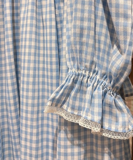 70s vintage gingham check flower embroidered ribbon dress